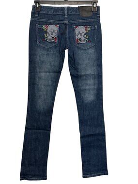 Ed Hardy Womens Embroidered Denim Jeans Size 26 Blue Skull Pockets